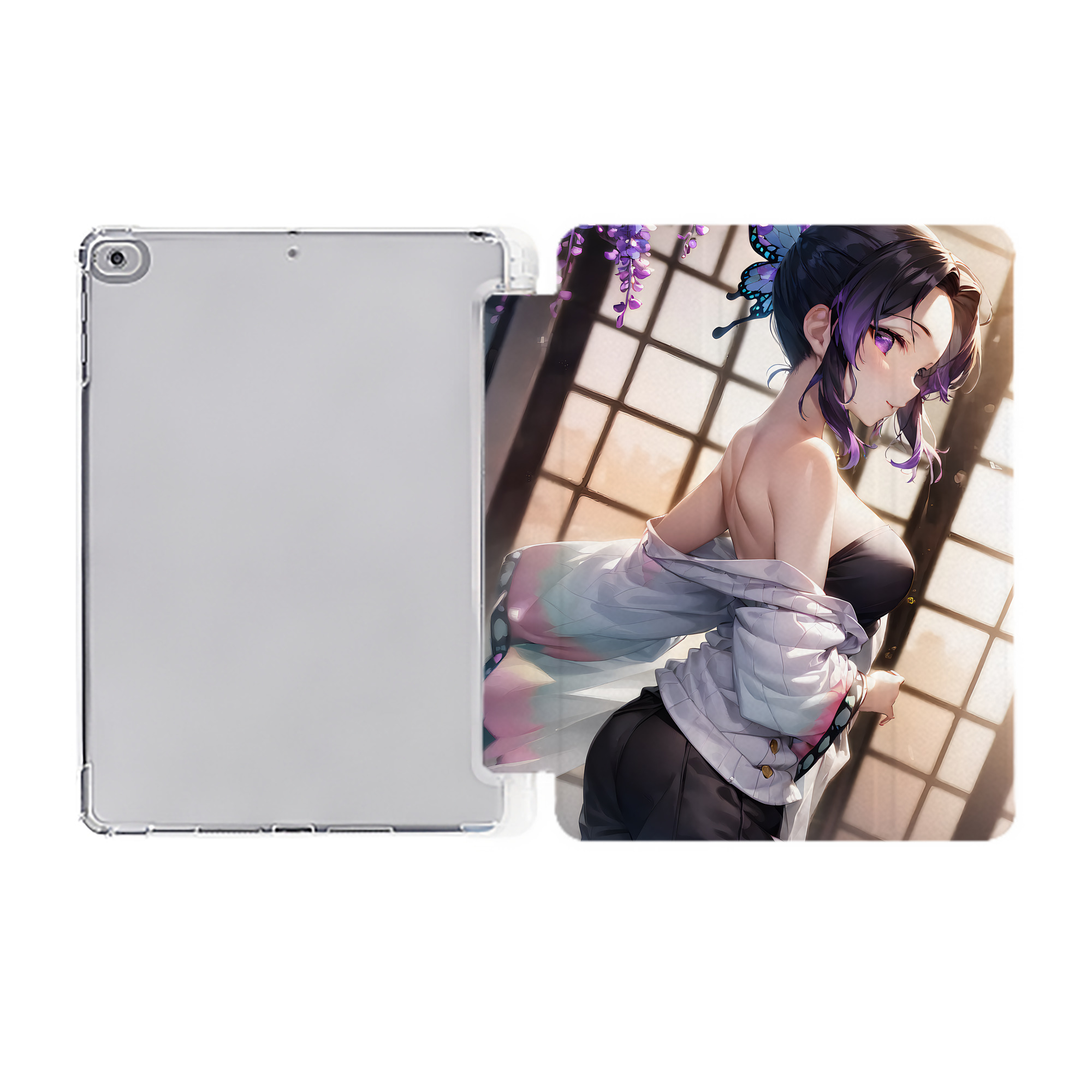 （画像用） 鬼滅の刃（きめつのやいば）蟲柱-胡蝶 しのぶ／こちょう しのぶ Kochou Shinobu IPad ケース ペン収納付き 三つ折りスタンド PUレザー×シリコン 対応機種9.5/10.5/10.9インチ